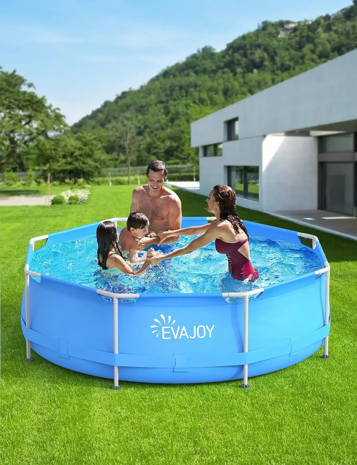 EvaJoy 14ft x 7ft x 33in Rectangular Metal Frame Swimming Pool Set