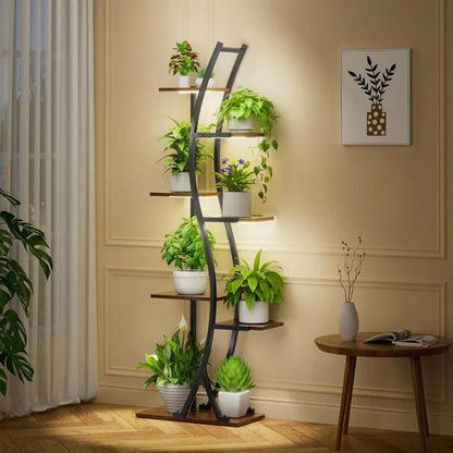 62" Tall 7-Tier Plant Stand with Grow Light – Modern Curved Metal Shelf for Indoor Plants, Flowers, and Home Décor