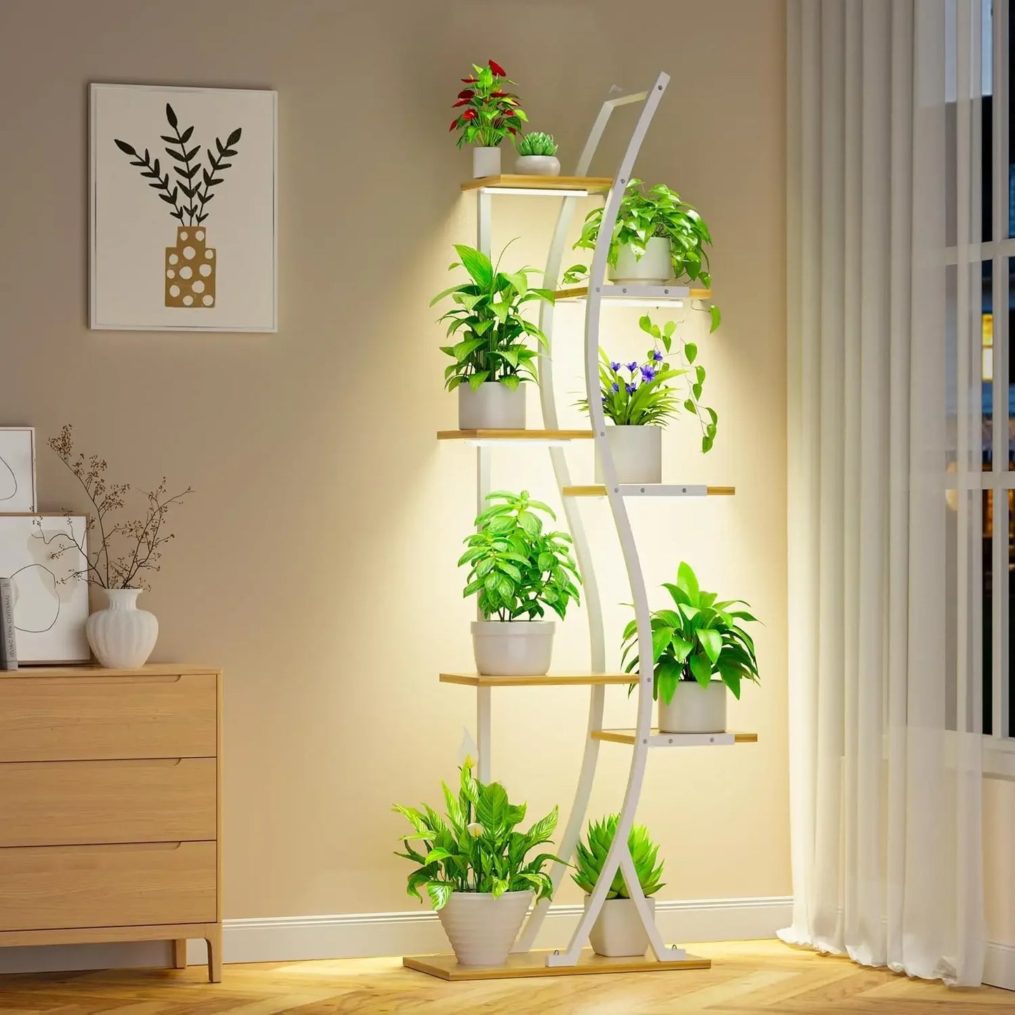 62" Tall 7-Tier Plant Stand with Grow Light – Modern Curved Metal Shelf for Indoor Plants, Flowers, and Home Décor