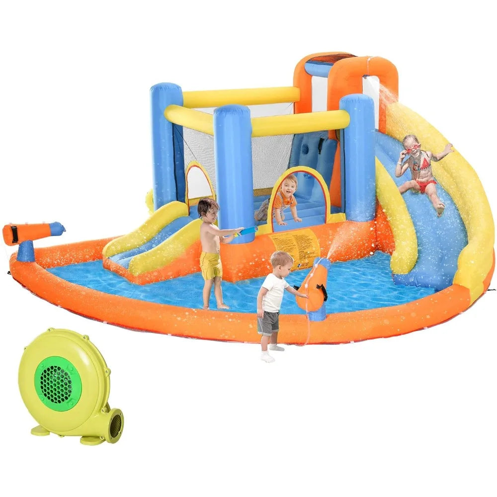 Inflatable Water Slide with Splash Pool, Climbing Wall, Air Pump, Water Cannon, Slide, Trampoline, 5-in-1 Bouncy Castle