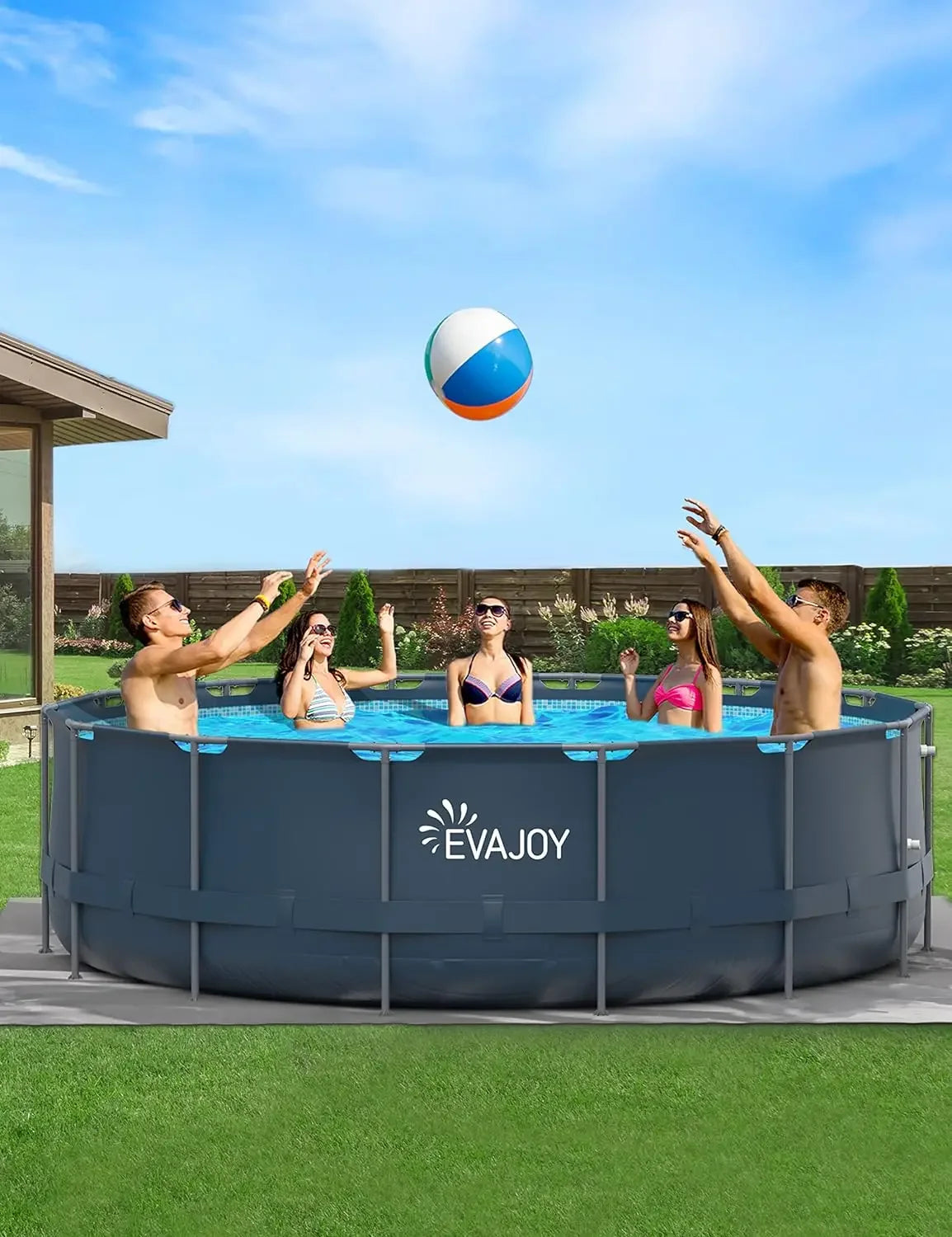 EvaJoy 14ft x 7ft x 33in Rectangular Metal Frame Swimming Pool Set