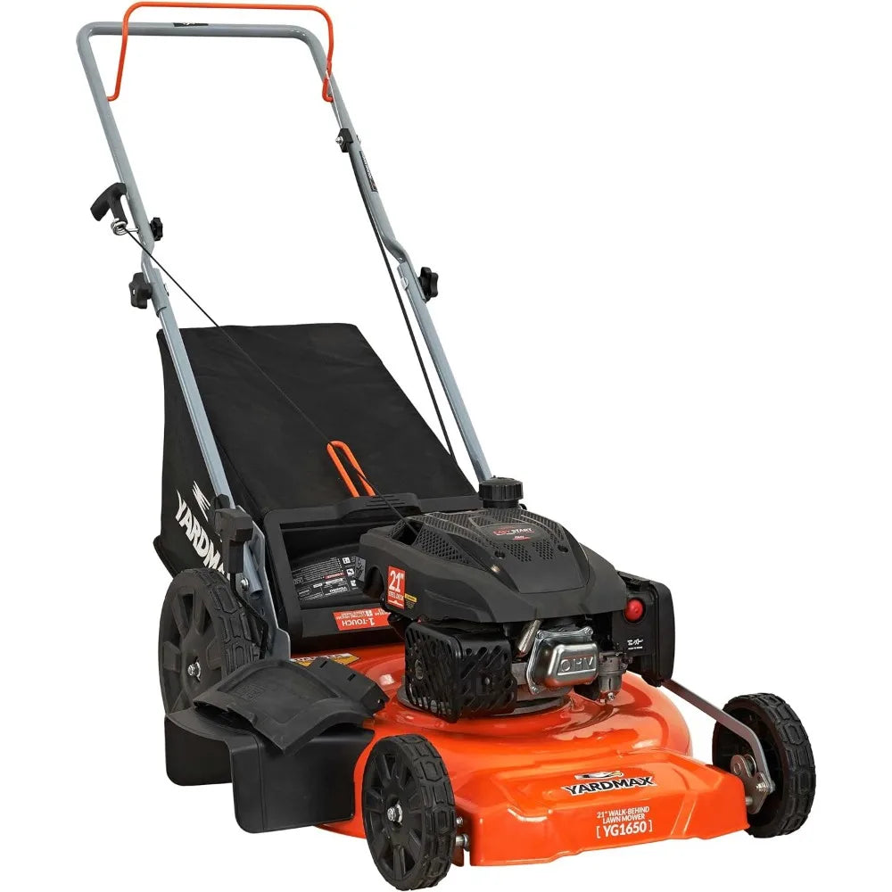 **YARDMAX 21-Inch 170cc 3-in-1 Gas Walk Behind Push Lawn Mower with High Rear Wheels and Single-Lever Height Adjustment**