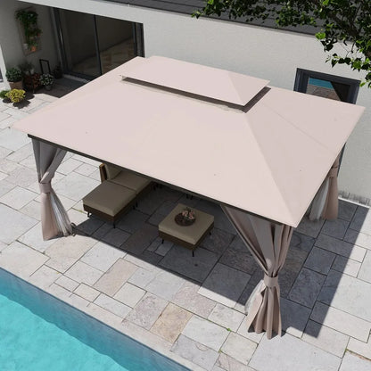 10'x13' Outdoor Patio Gazebo with Double Roof, Expansion Bolts, and Mosquito Nets