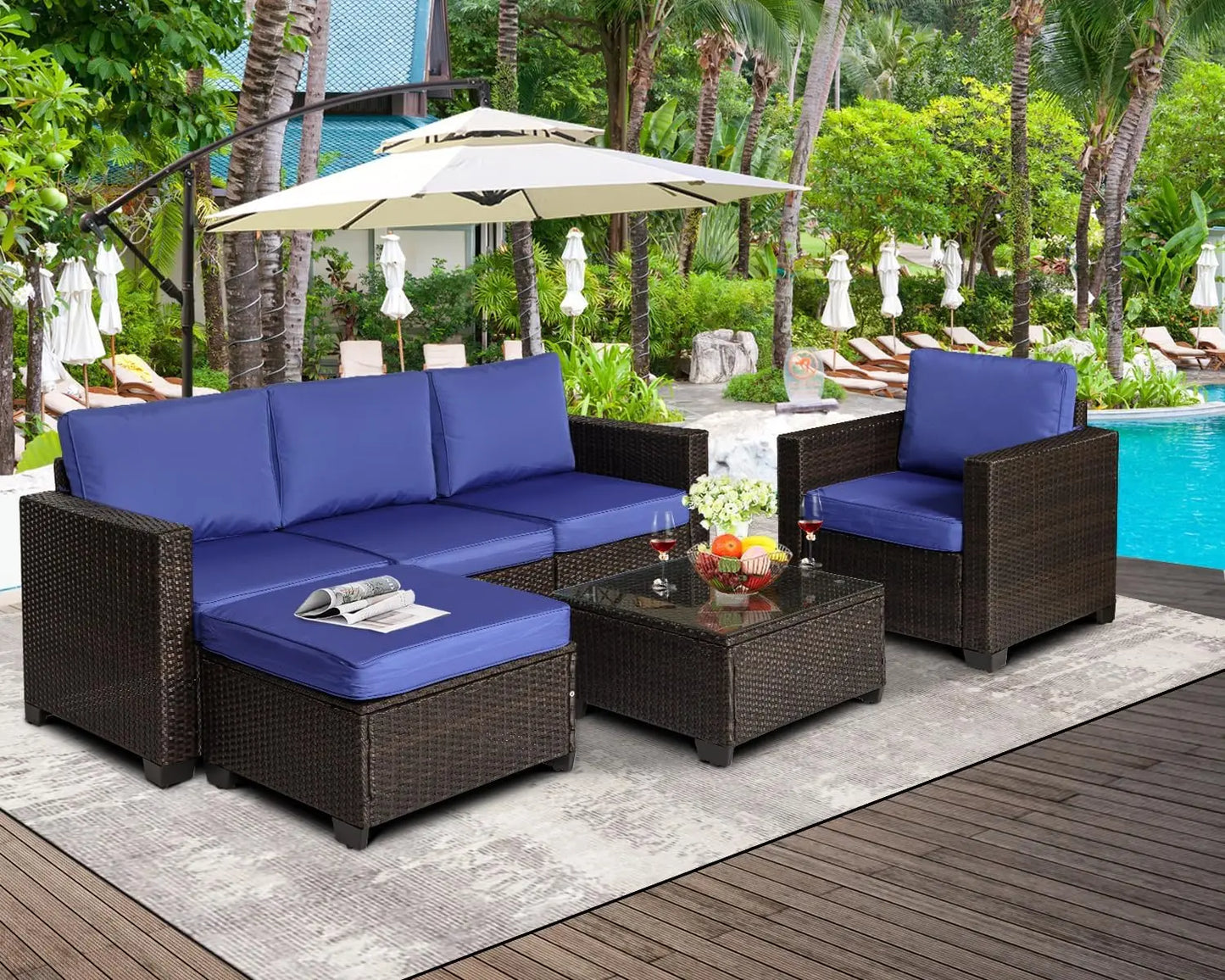 Outdoor Modular Wicker Courtyard Furniture Set, Courtyard Sofa with Footstool, 6 Pcs