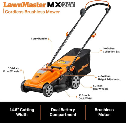 LawnMaster MX 24V 14.6” Cordless Brushless Lawn Mower with Dual 24V 4.0Ah Batteries, Dual Charger, 10-Gallon Collection Bag, and 4-Position Height Adjustment – Lightweight and Compact for Small Lawns