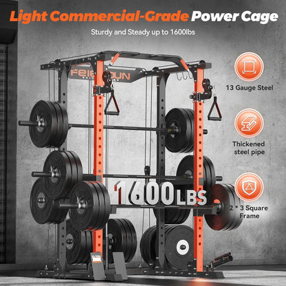 FEIERDUN Multi-Function Squat Rack Power Cage FLA01 – 2000LBS Capacity with Cable Crossover System, Optional Weight Bench & Olympic Barbell Weight Set