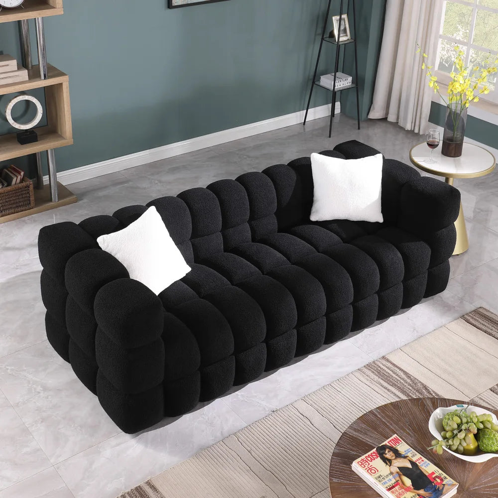 Olive Green Bouclé Marshmallow Sofa – 3-Seater Modern Luxury Couch