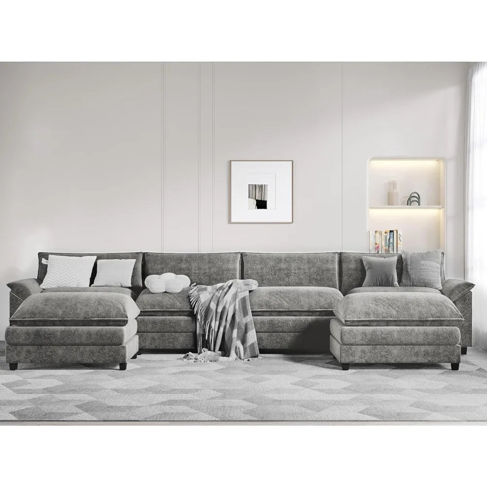 Modern Convertible U-Shaped Sectional Sofa with Ottoman – 6-Seat Modular Fabric Couch