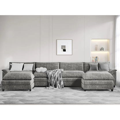 Modern Convertible U-Shaped Sectional Sofa with Ottoman – 6-Seat Modular Fabric Couch