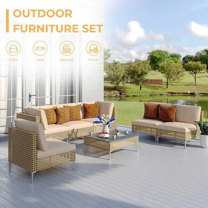 Grand patio 7-Piece Wicker Patio Furniture Set, Boho Outdoor Conversation Set Sectional Sofa with Water Resistant Thick Cushions