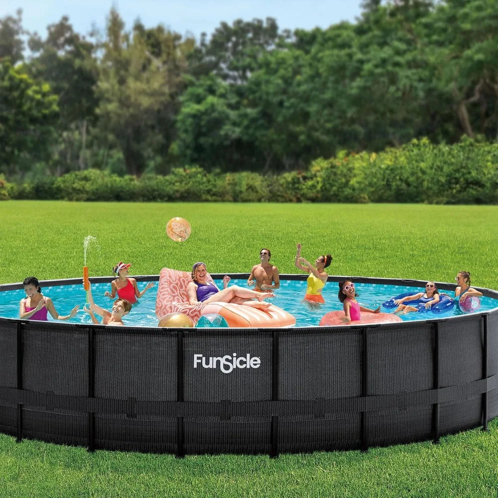 Funsicle 24ft x 52in Round Above-Ground Swimming Pool with Filter Pump & Cover – Dark Herringbone Design