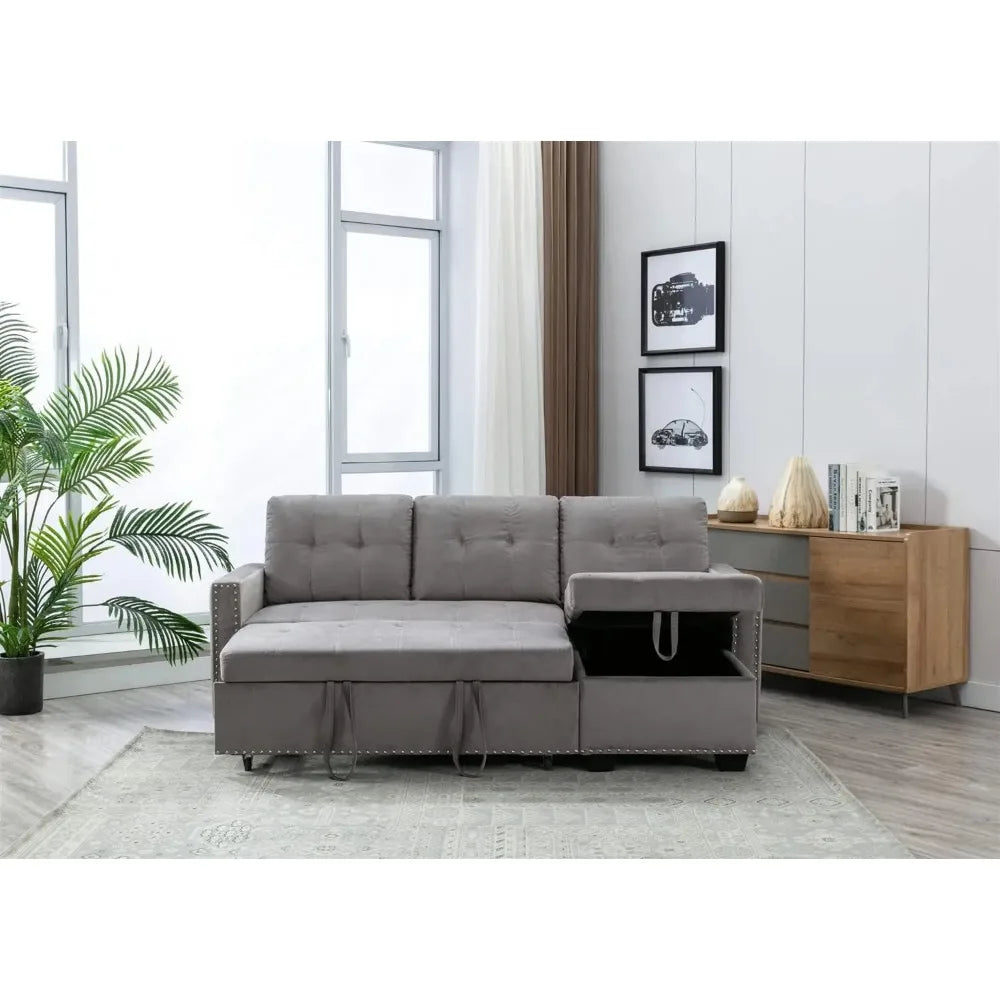 76.8'' Pull-Out Sleeper Sectional Sofa Bed with Storage Chaise – L-Shaped Convertible Velvet Sofa