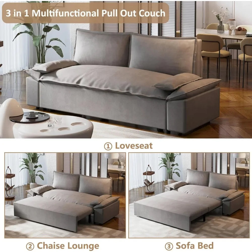 Queen Pull-Out Sofa Bed – 3-in-1 Convertible Sleeper Sofa with Velvet Upholstery