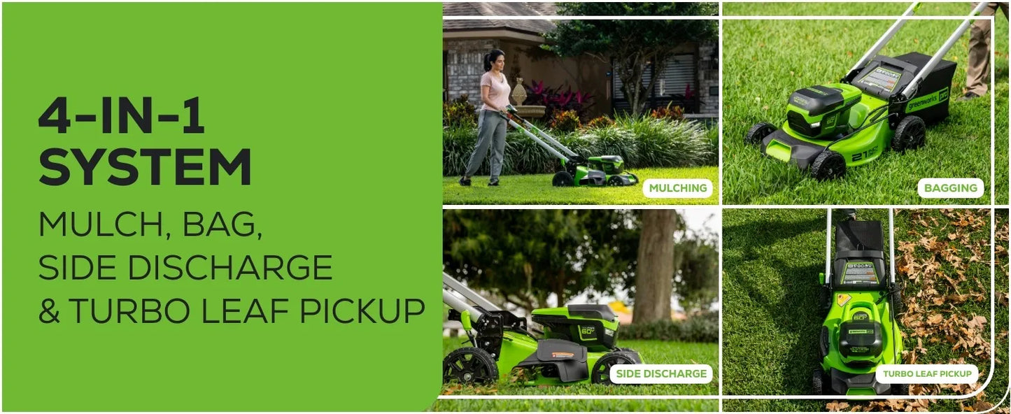 Greenworks 60V 21” Cordless Lawn Mower with LED Lights, Aluminum Handles, 5.0Ah Battery, Rapid Charger, and Dual Port Auto Switch – Powerful, Quiet, and Eco-Friendly Mowing Solution