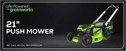 Greenworks 60V 21” Cordless Lawn Mower with LED Lights, Aluminum Handles, 5.0Ah Battery, Rapid Charger, and Dual Port Auto Switch – Powerful, Quiet, and Eco-Friendly Mowing Solution