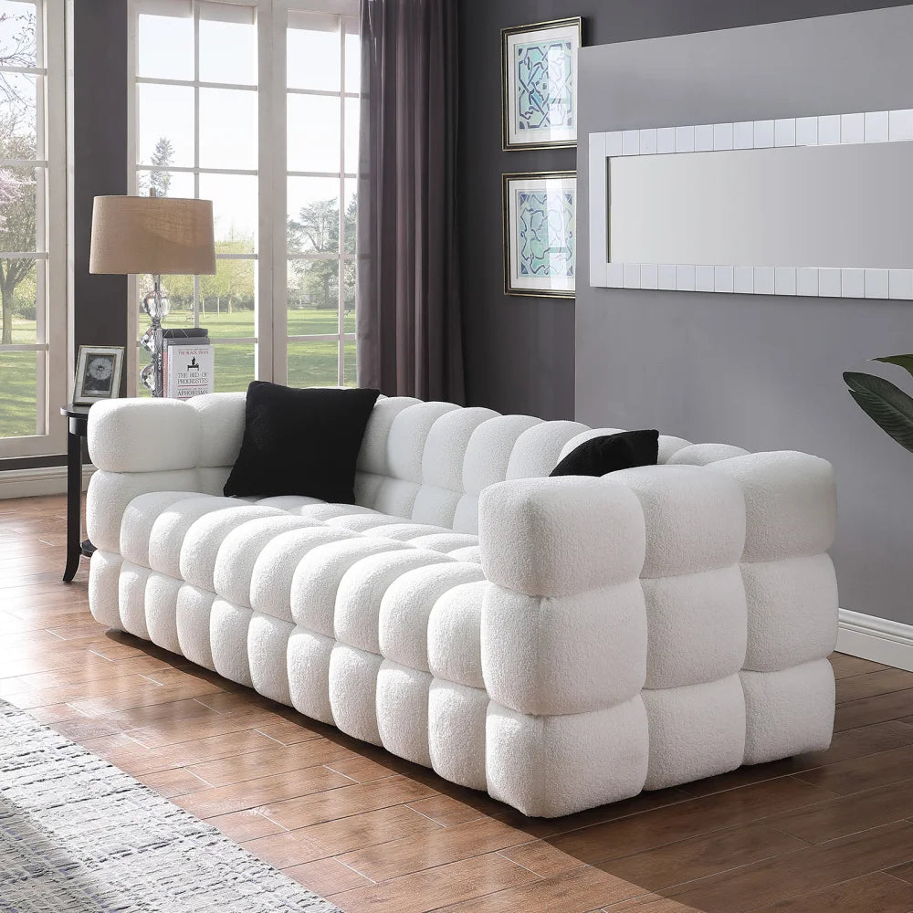 Olive Green Bouclé Marshmallow Sofa – 3-Seater Modern Luxury Couch