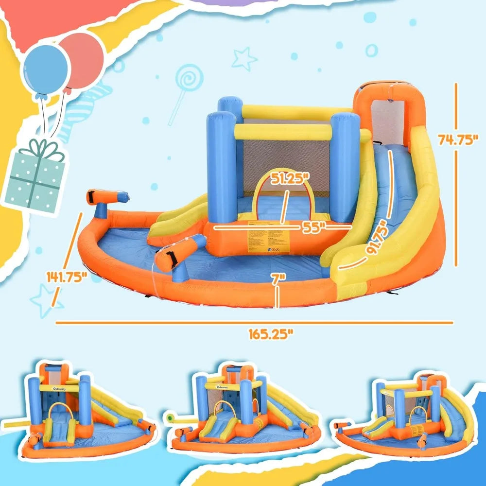 Inflatable Water Slide with Splash Pool, Climbing Wall, Air Pump, Water Cannon, Slide, Trampoline, 5-in-1 Bouncy Castle