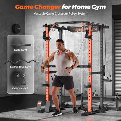 FEIERDUN Multi-Function Squat Rack Power Cage FLA01 – 2000LBS Capacity with Cable Crossover System, Optional Weight Bench & Olympic Barbell Weight Set