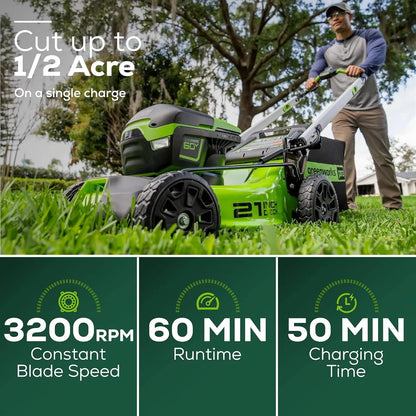 Greenworks 60V 21” Cordless Lawn Mower with LED Lights, Aluminum Handles, 5.0Ah Battery, Rapid Charger, and Dual Port Auto Switch – Powerful, Quiet, and Eco-Friendly Mowing Solution