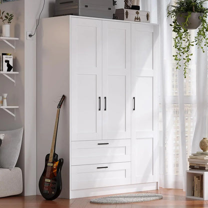 3-Door Wooden Wardrobe Closet – White Freestanding Armoire with Large Storage Capacity