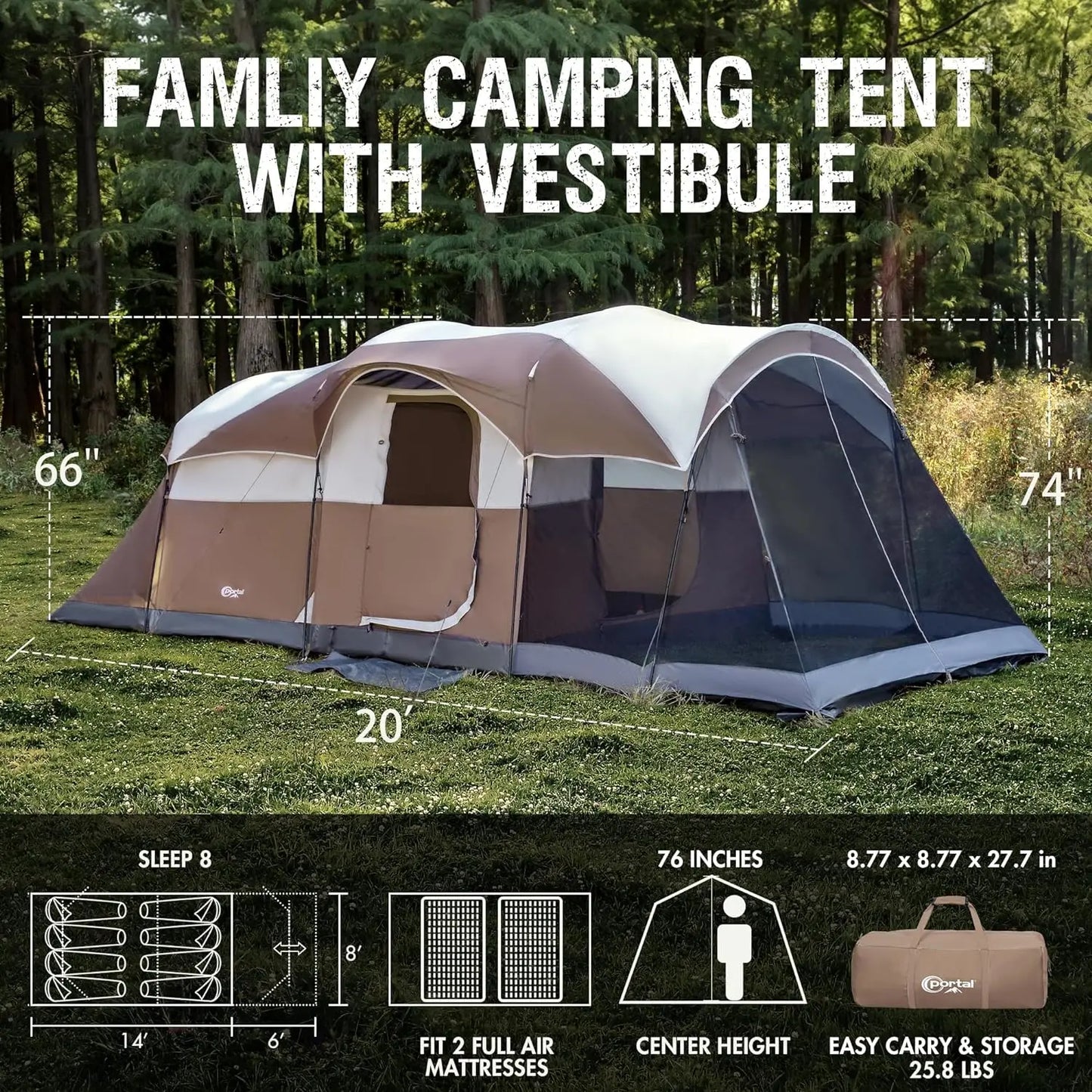 8-Person Family Camping Tent with Screen Room – Spacious, Durable & Weather-Resistant