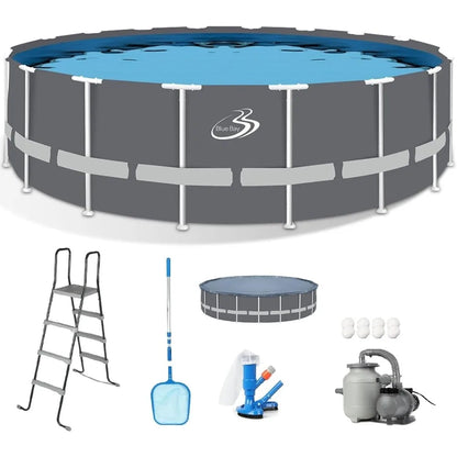 Blue Bay 18FT x 52IN Round Metal Frame Above-Ground Swimming Pool Set with 1000 GPH Pump Filter, Ladder, Pool Cover & Maintenance Kit