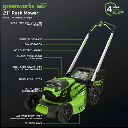 Greenworks 60V 21” Cordless Lawn Mower with LED Lights, Aluminum Handles, 5.0Ah Battery, Rapid Charger, and Dual Port Auto Switch – Powerful, Quiet, and Eco-Friendly Mowing Solution