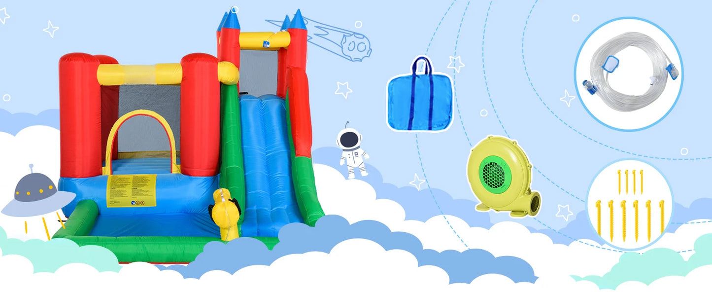 Inflatable Water Slide with Splash Pool, Climbing Wall, Air Pump, Water Cannon, Slide, Trampoline, 5-in-1 Bouncy Castle