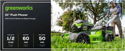 Greenworks 60V 21” Cordless Lawn Mower with LED Lights, Aluminum Handles, 5.0Ah Battery, Rapid Charger, and Dual Port Auto Switch – Powerful, Quiet, and Eco-Friendly Mowing Solution