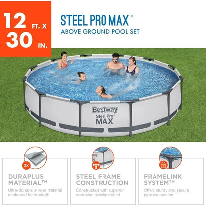 12-Foot x 30-Inch Round Metal Frame Above-Ground Swimming Pool with 330 GPH Filter Pump – Durable Outdoor Backyard Pool Set