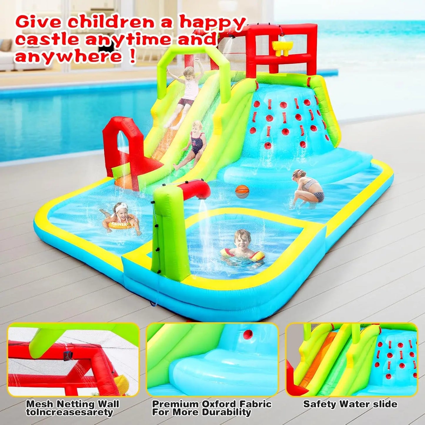 Inflatable Water Slide Park – Bouncy Castle with Deep Pool, Climbing Wall, Water Guns & Sport Balls