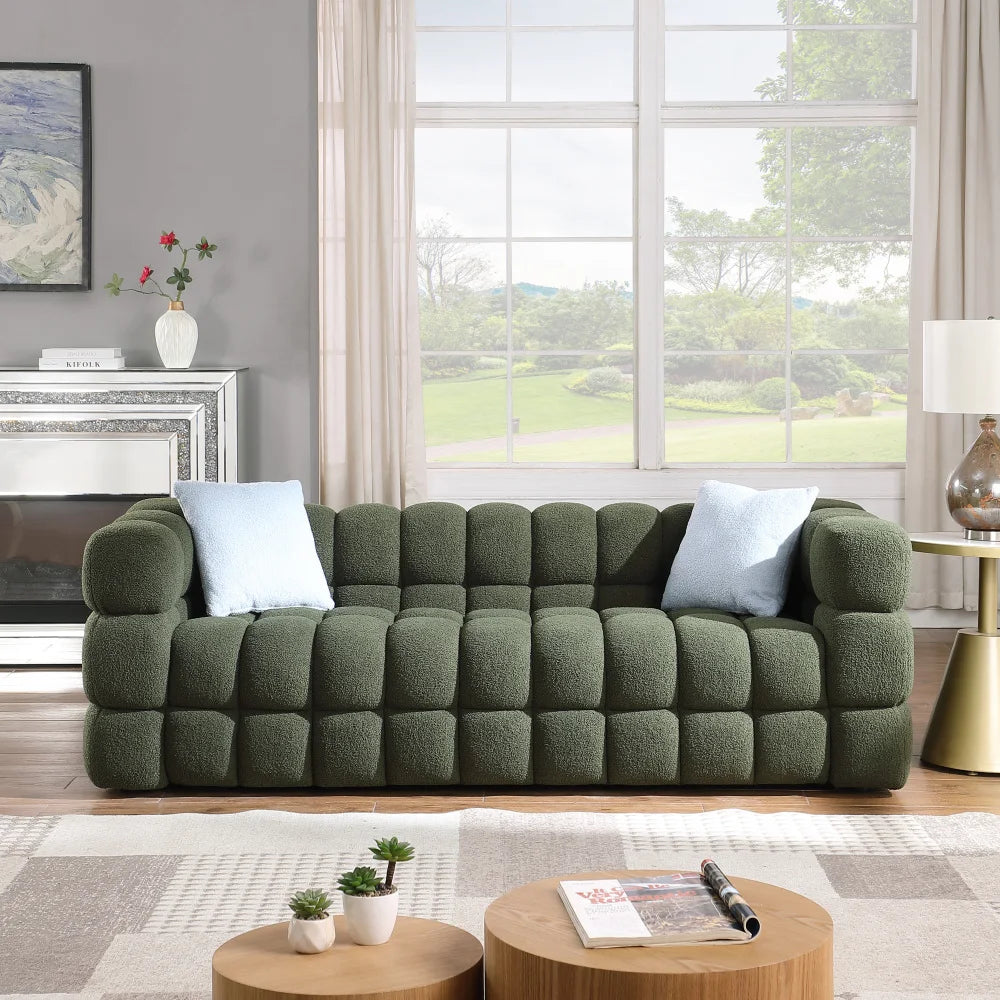 Olive Green Bouclé Marshmallow Sofa – 3-Seater Modern Luxury Couch