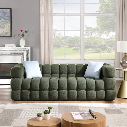 Olive Green Bouclé Marshmallow Sofa – 3-Seater Modern Luxury Couch