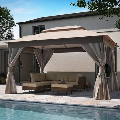 10'x13' Outdoor Patio Gazebo with Double Roof, Expansion Bolts, and Mosquito Nets