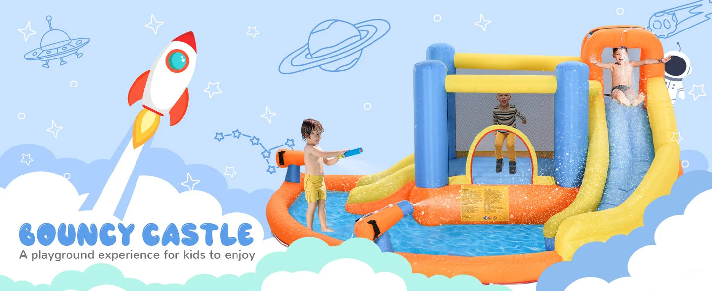 Inflatable Water Slide with Splash Pool, Climbing Wall, Air Pump, Water Cannon, Slide, Trampoline, 5-in-1 Bouncy Castle