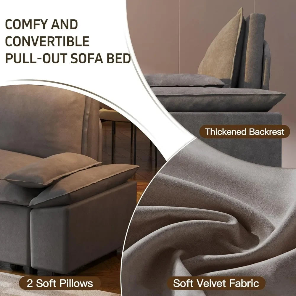 Queen Pull-Out Sofa Bed – 3-in-1 Convertible Sleeper Sofa with Velvet Upholstery