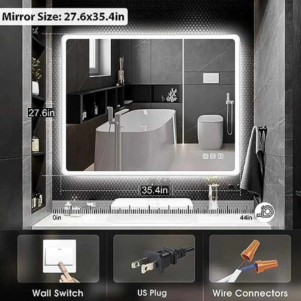 28"x36" Rectangular LED Bathroom Mirror with Bluetooth Speaker & Anti-Fog – Wall Mounted