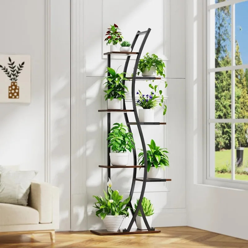 62" Tall 7-Tier Plant Stand with Grow Light – Modern Curved Metal Shelf for Indoor Plants, Flowers, and Home Décor