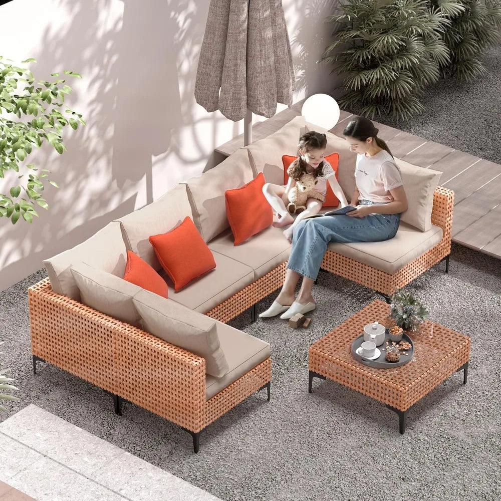 5-Piece Modular Outdoor Patio Furniture Set – Wicker Sectional Sofa with Cushions and Tempered Glass Table, Weather-Resistant for Garden, Deck, or Backyard