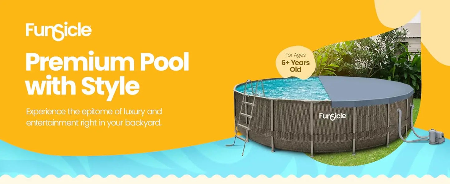 Funsicle 24ft x 52in Round Above-Ground Swimming Pool with Filter Pump & Cover – Dark Herringbone Design