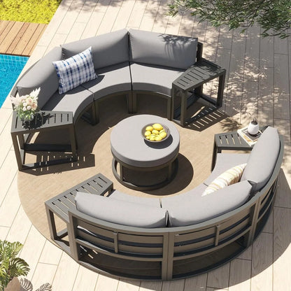 Outdoor Patio Furniture Set Aluminum 11-Piece Half-Moon Sectional Set with Round Coffee Table, Curved Outdoor Sofa for Garden