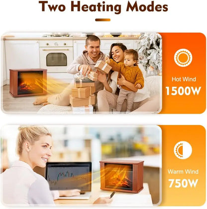 Small Electric Fireplace Heater – Mini Wooden Tabletop Space Heater with Realistic Flames