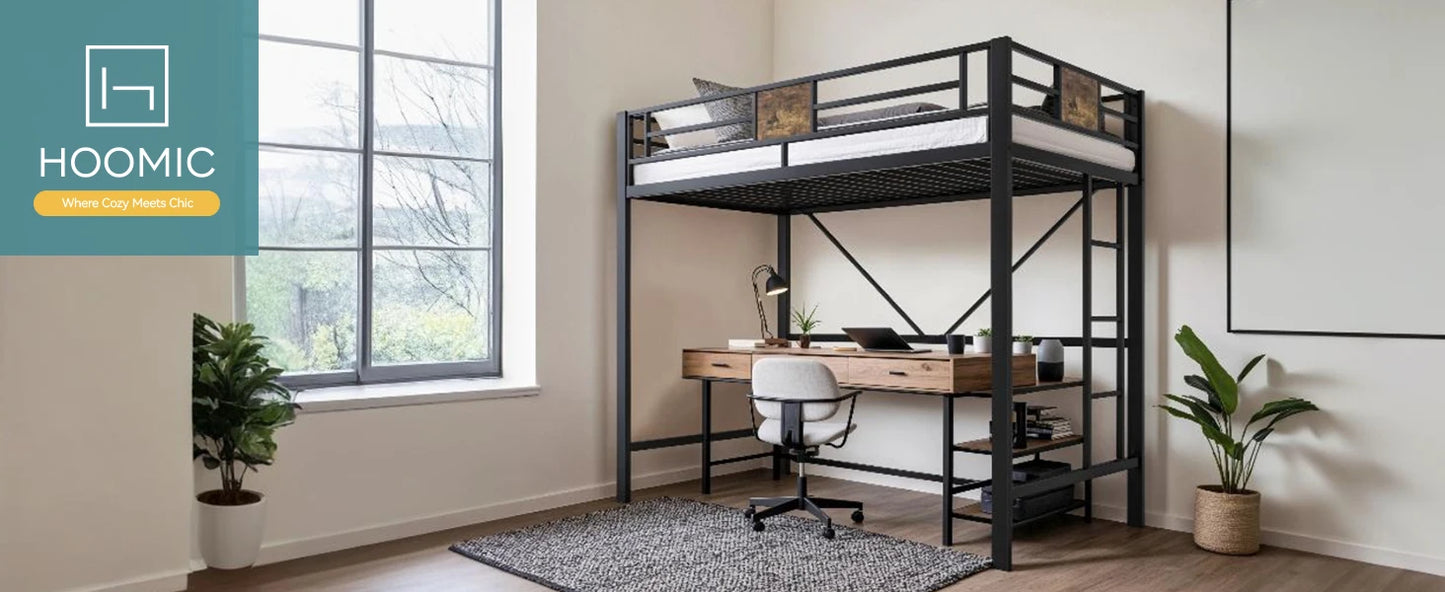 HOOMIC Twin Size Loft Bed Frame with Full Length Guardrai, Space-Saving, Sturdy Metal Construction, Easy Assembly Black Allewie