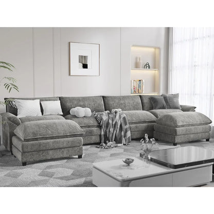 Modern Convertible U-Shaped Sectional Sofa with Ottoman – 6-Seat Modular Fabric Couch