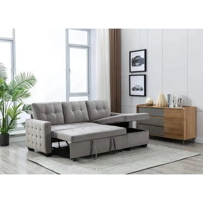 76.8'' Pull-Out Sleeper Sectional Sofa Bed with Storage Chaise – L-Shaped Convertible Velvet Sofa