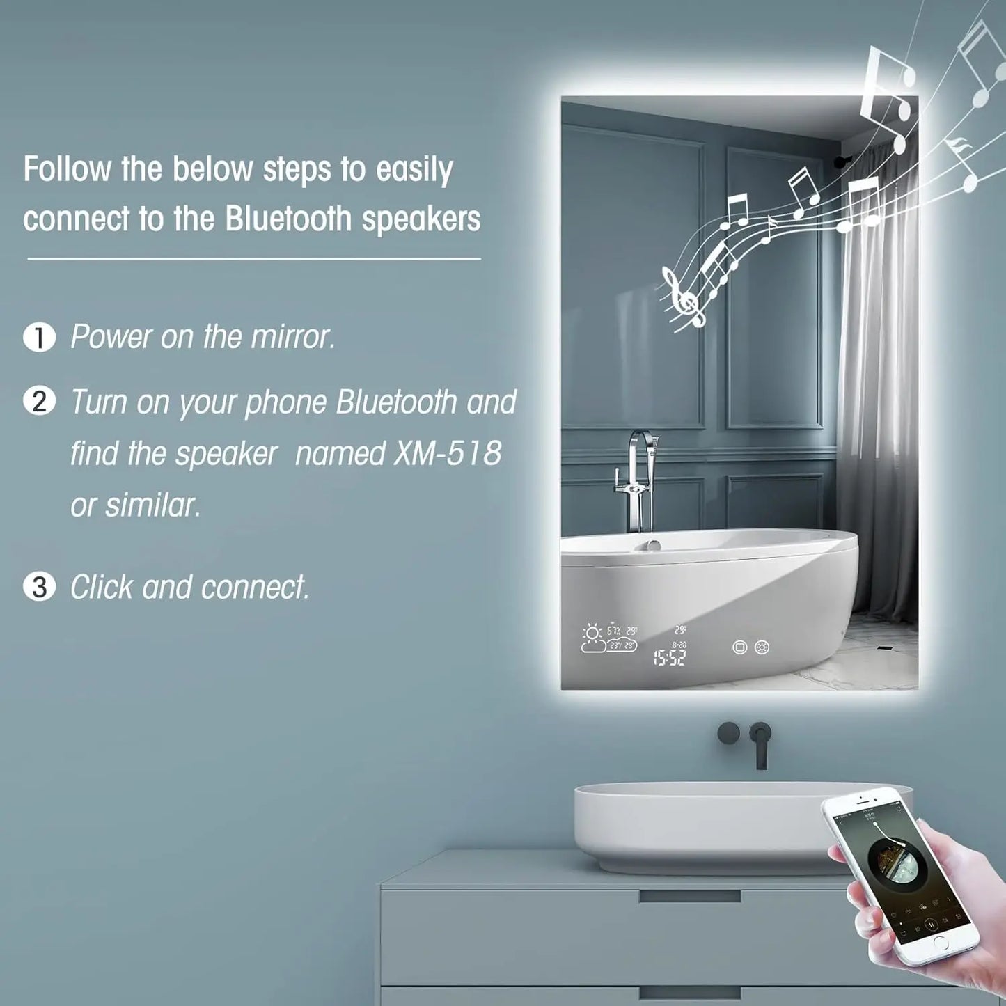 Smart Bathroom Mirror with Bluetooth (40” x 32”) – WiFi Enabled, Weather Display, Fog-Free, Adjustable Brightness