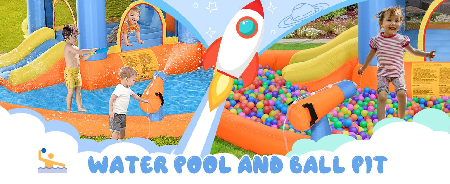 Inflatable Water Slide with Splash Pool, Climbing Wall, Air Pump, Water Cannon, Slide, Trampoline, 5-in-1 Bouncy Castle