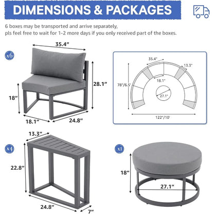 Outdoor Patio Furniture Set Aluminum 11-Piece Half-Moon Sectional Set with Round Coffee Table, Curved Outdoor Sofa for Garden