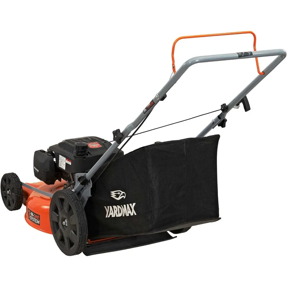 **YARDMAX 21-Inch 170cc 3-in-1 Gas Walk Behind Push Lawn Mower with High Rear Wheels and Single-Lever Height Adjustment**