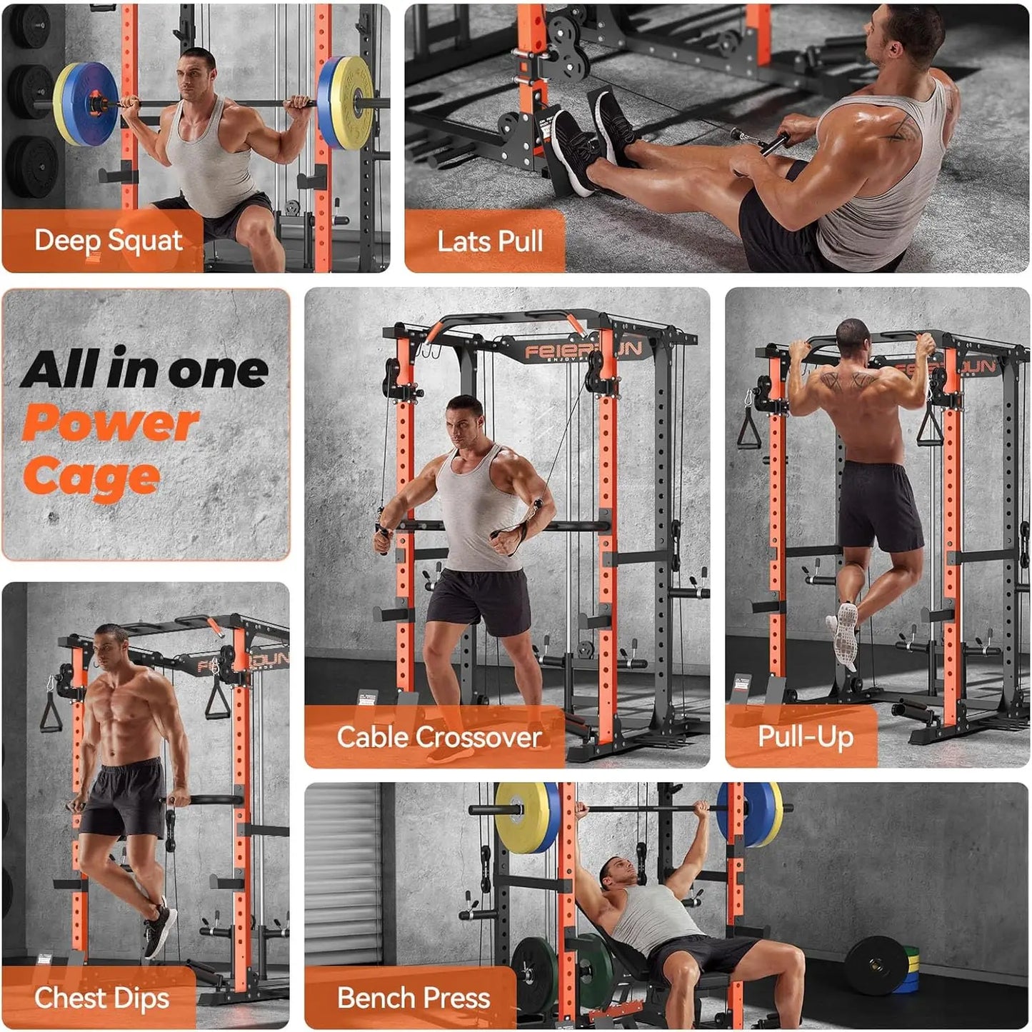 FEIERDUN Multi-Function Squat Rack Power Cage FLA01 – 2000LBS Capacity with Cable Crossover System, Optional Weight Bench & Olympic Barbell Weight Set